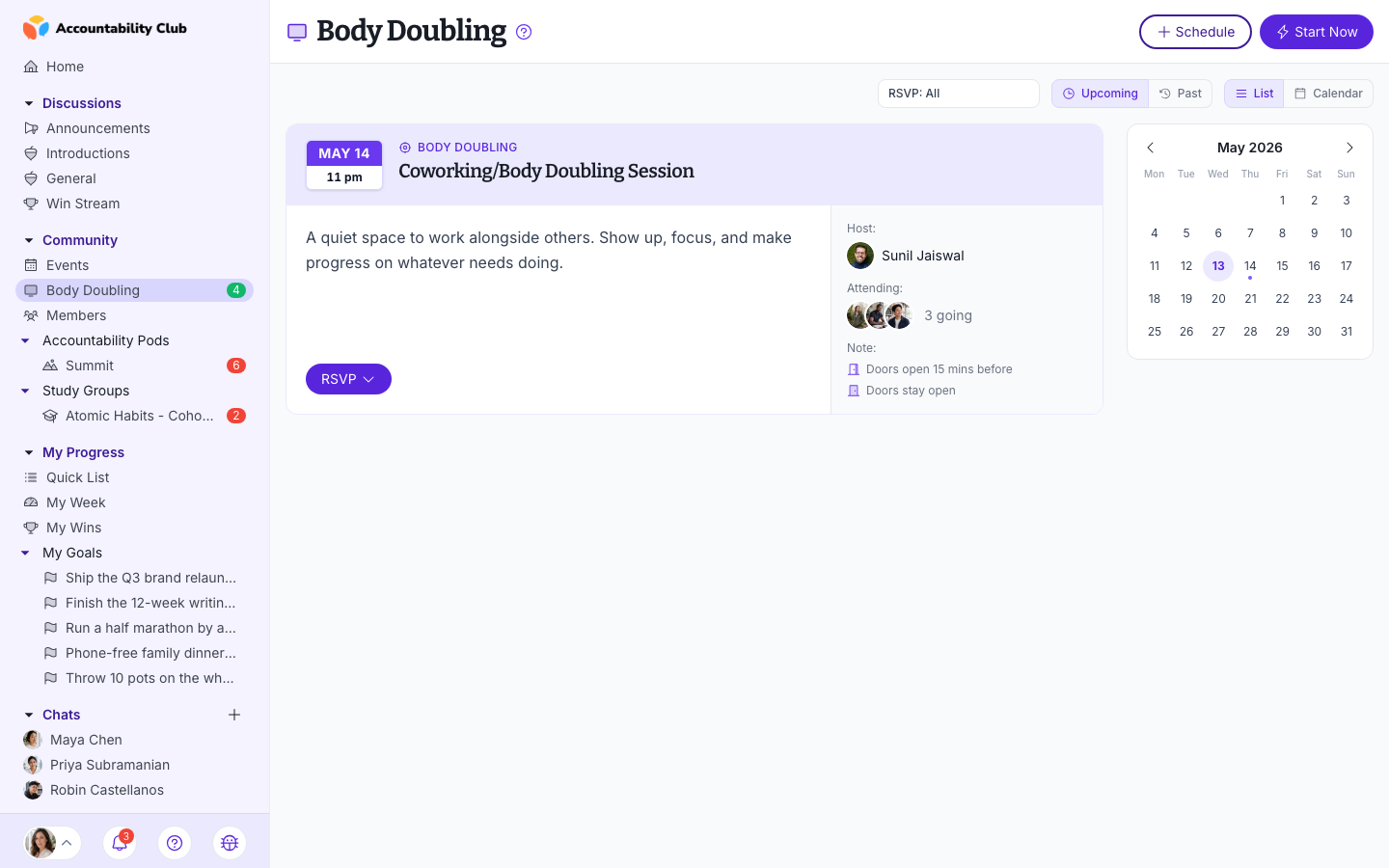 Body doubling sessions schedule