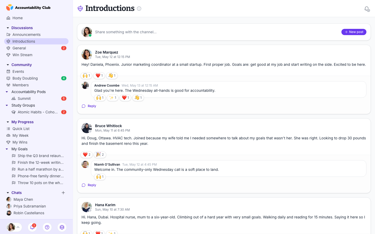 Introductions channel with new-member posts
