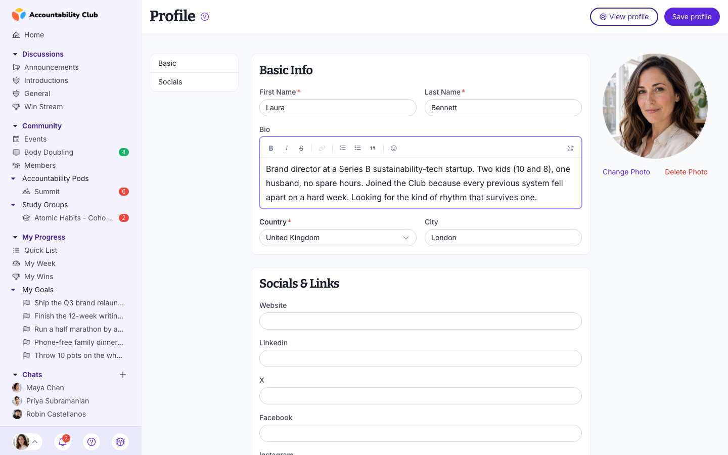 Edit Profile page