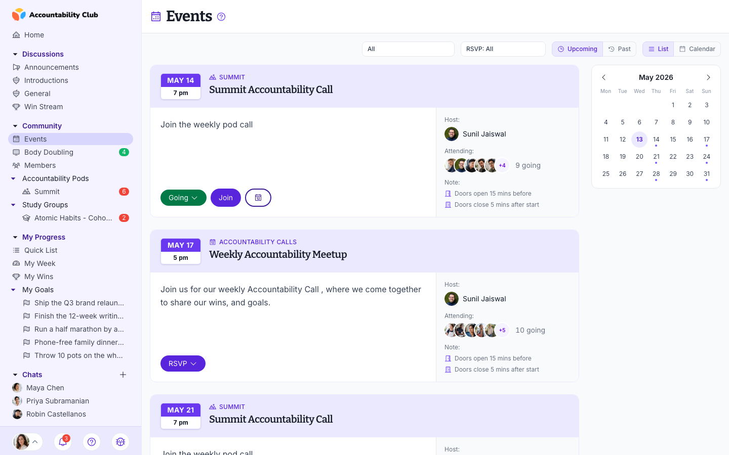 Events page listing upcoming weekly accountability calls