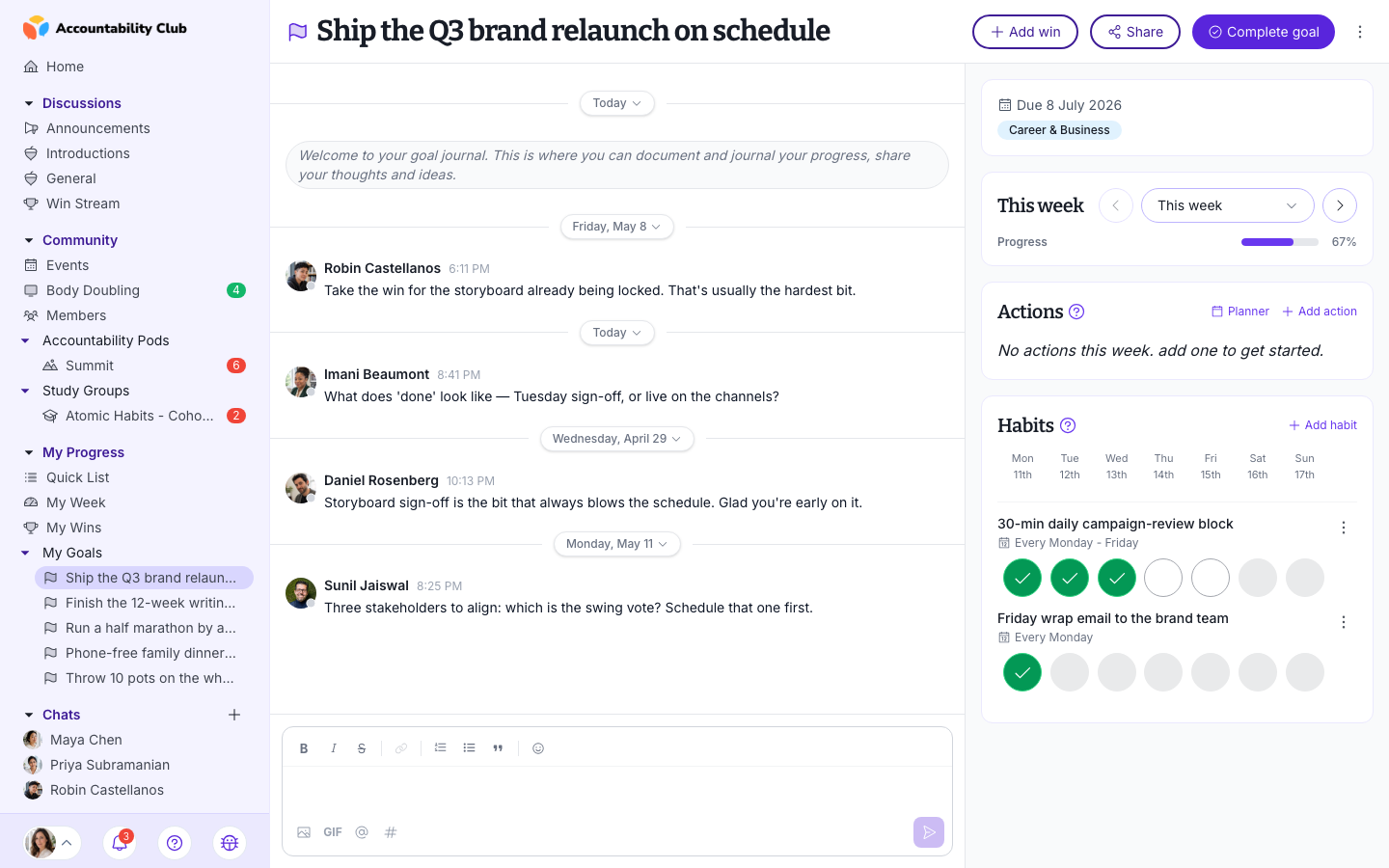 A goal's detail page with actions, habits, and pod comments