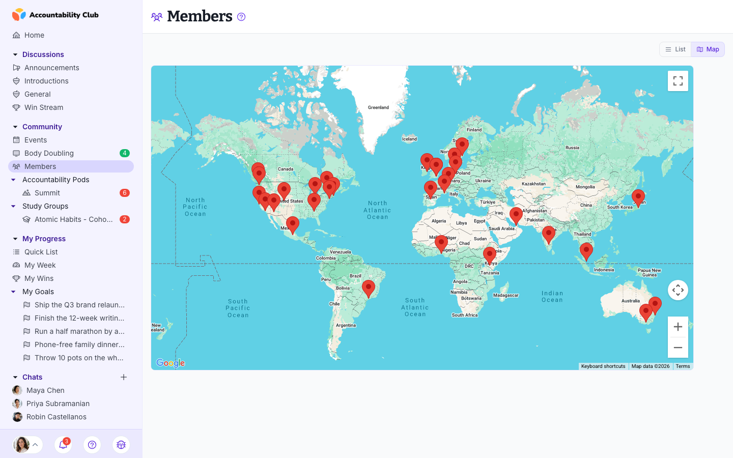Members map view showing the global community