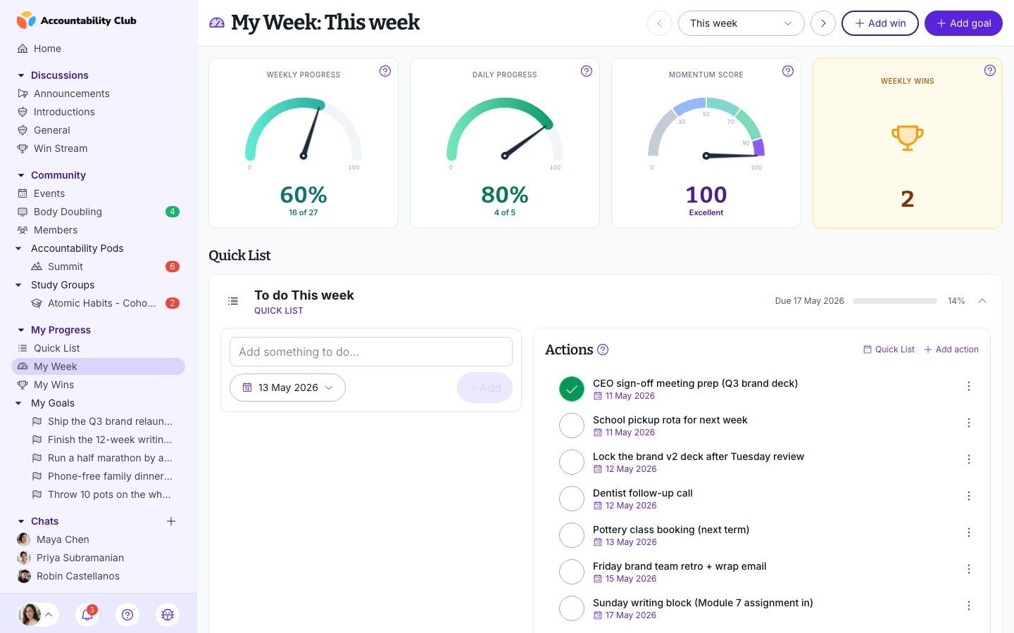 My Week page showing this week's actions and habits