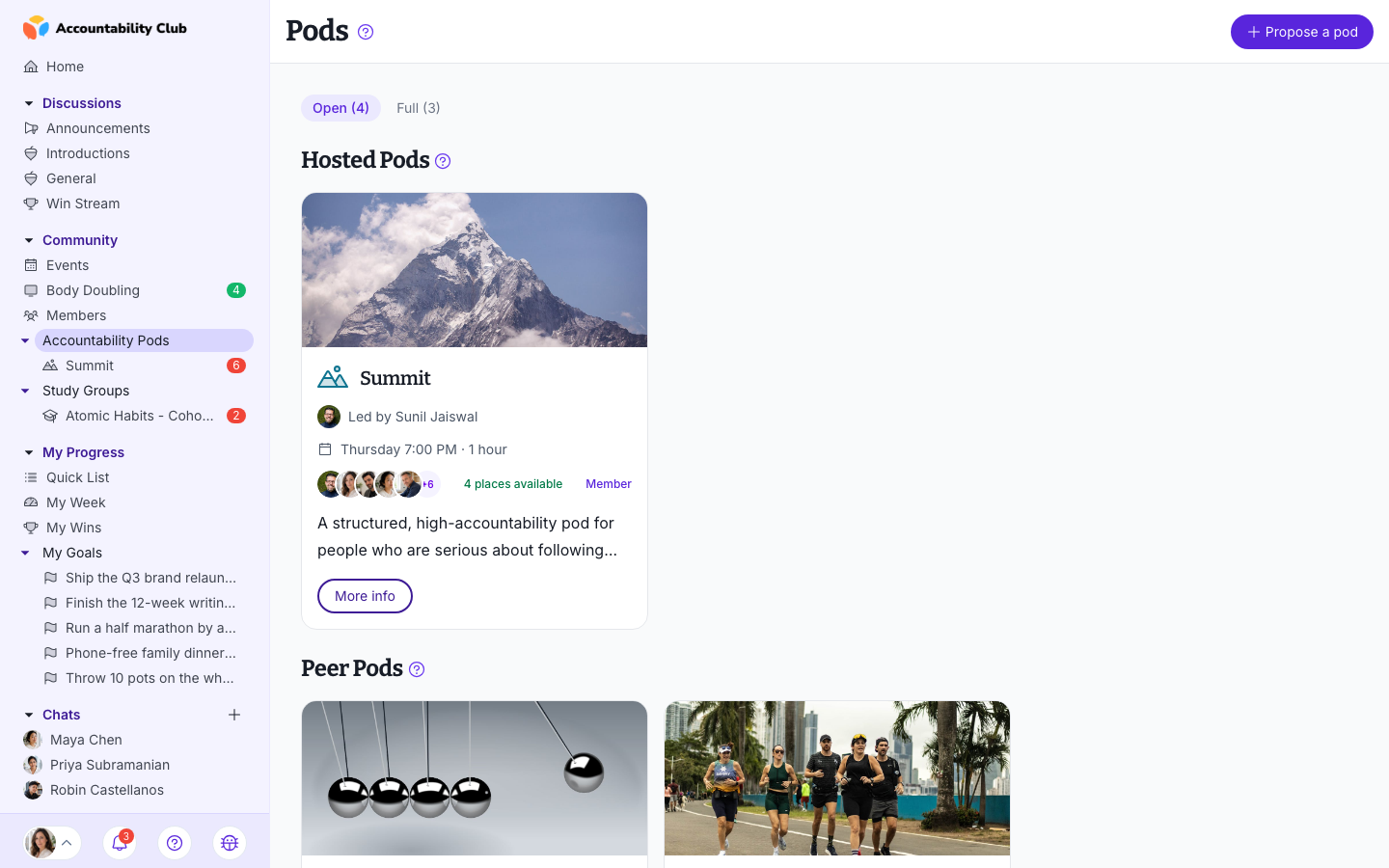 Pods directory listing all available pods