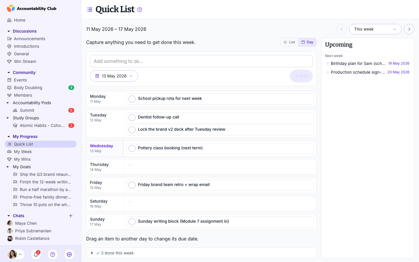 Quick List in Day view, tasks spread across the week