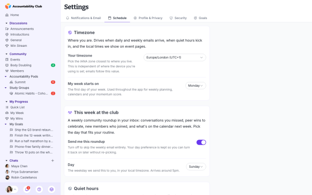 Settings schedule tab — quiet hours and notification cadence