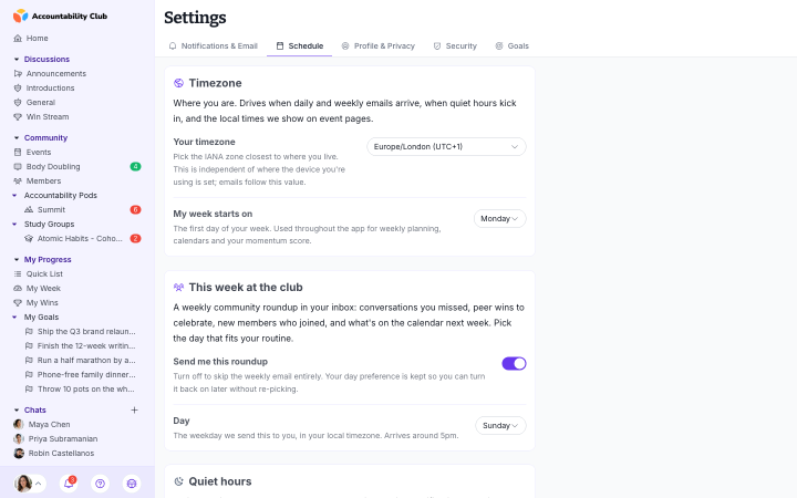 Settings schedule tab — quiet hours and notification cadence